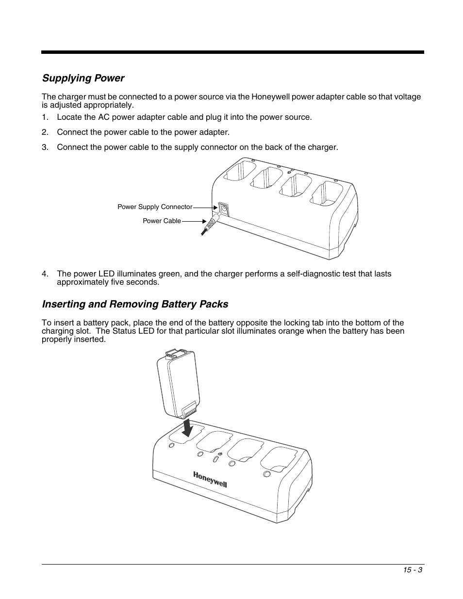 Supplying power, Inserting and removing battery packs, Voltages between 90-265 volts. see | Honeywell DOLPHIN 9700 User Manual | Page 133 / 142