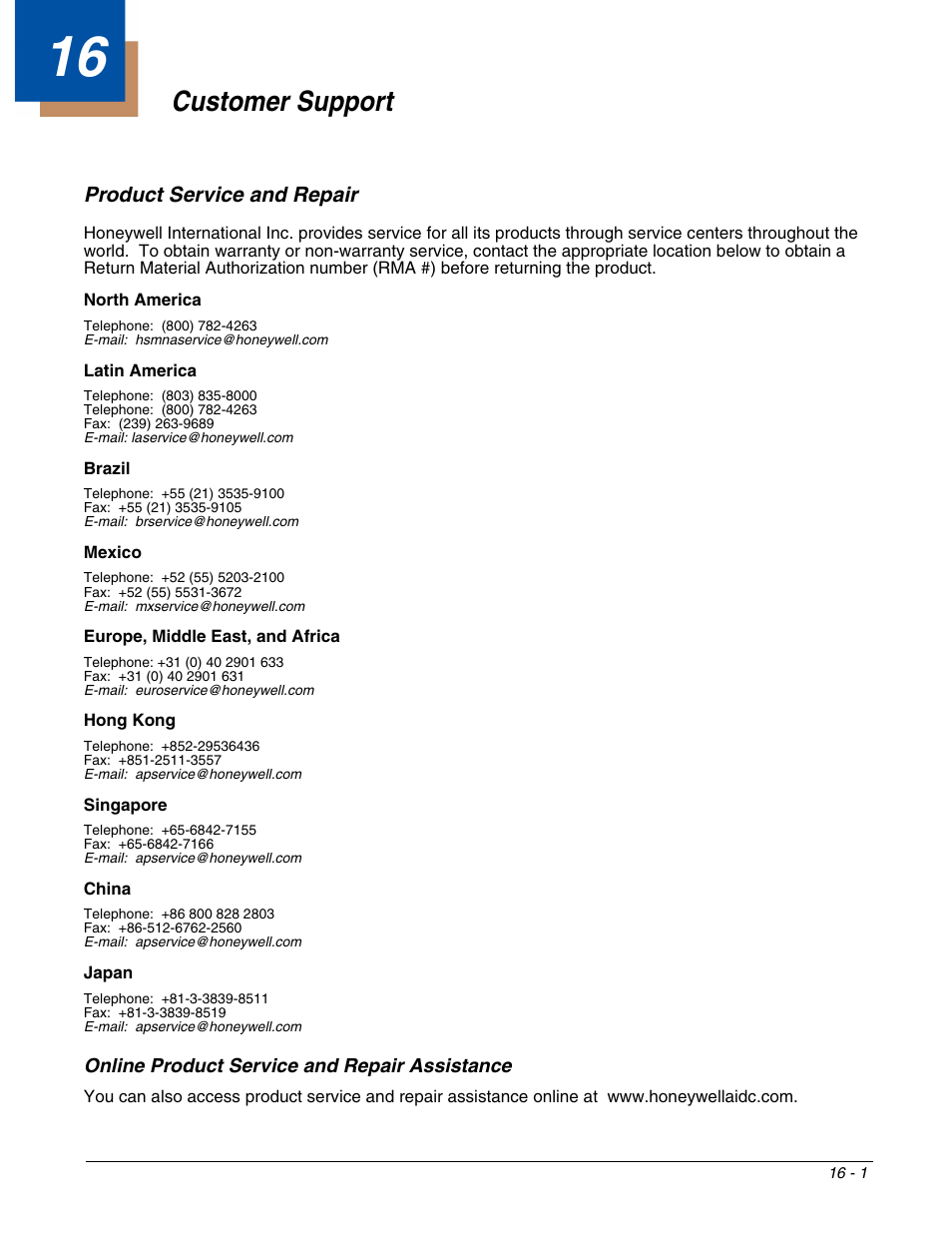 Customer support, Product service and repair, Chapter 16 - customer support | Product service and repair -1, Online product service and repair assistance -1, Ation, see, Customer, Support | Honeywell DOLPHIN 9700 User Manual | Page 137 / 142