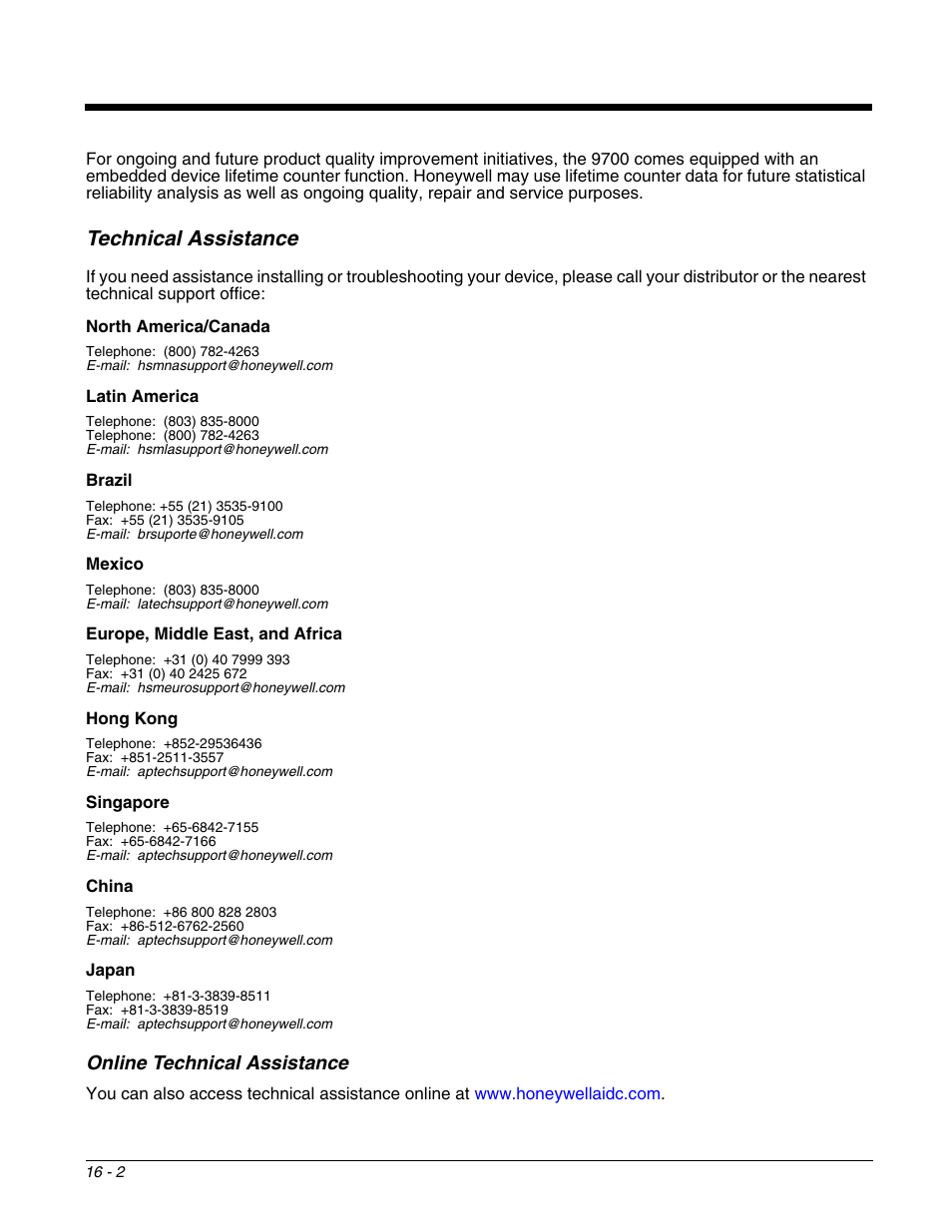 Technical assistance, Technical assistance -2, Online technical assistance -2 | Online technical assistance | Honeywell DOLPHIN 9700 User Manual | Page 138 / 142