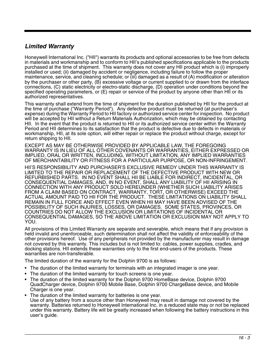 Limited warranty, Limited warranty -3 | Honeywell DOLPHIN 9700 User Manual | Page 139 / 142