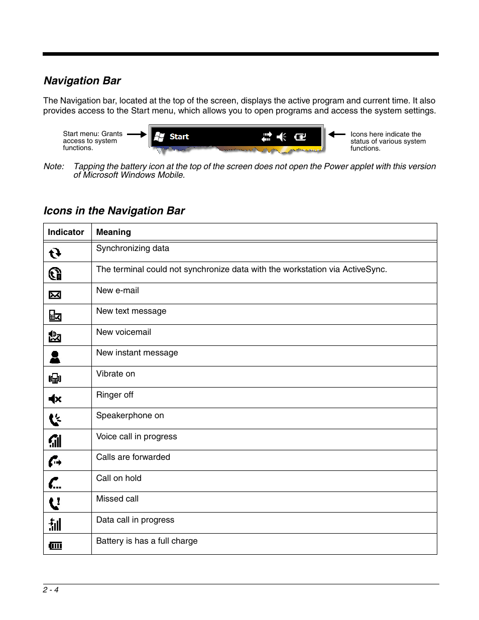 Navigation bar, Icons in the navigation bar, Navigation bar -4 icons in the navigation bar -4 | Honeywell DOLPHIN 9700 User Manual | Page 16 / 142