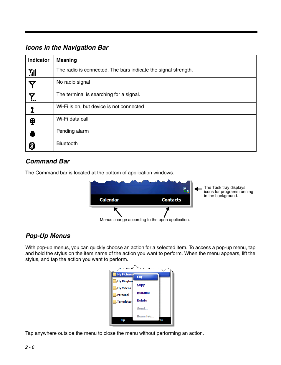 Command bar, Pop-up menus, Command bar -6 pop-up menus -6 | Icons in the navigation bar | Honeywell DOLPHIN 9700 User Manual | Page 18 / 142