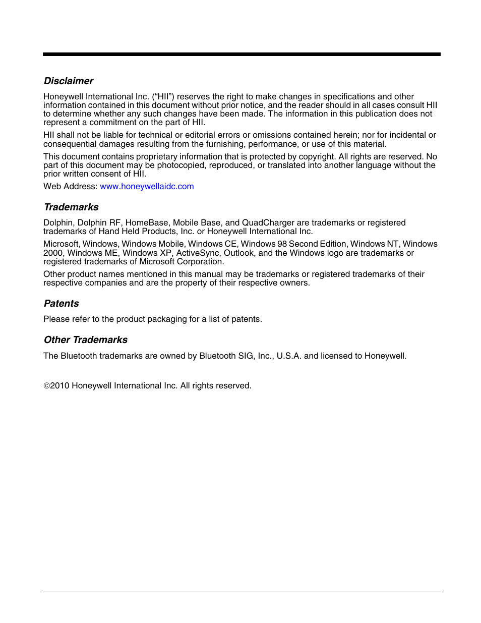 Disclaimer, Trademarks, Patents | Other trademarks | Honeywell DOLPHIN 9700 User Manual | Page 2 / 142