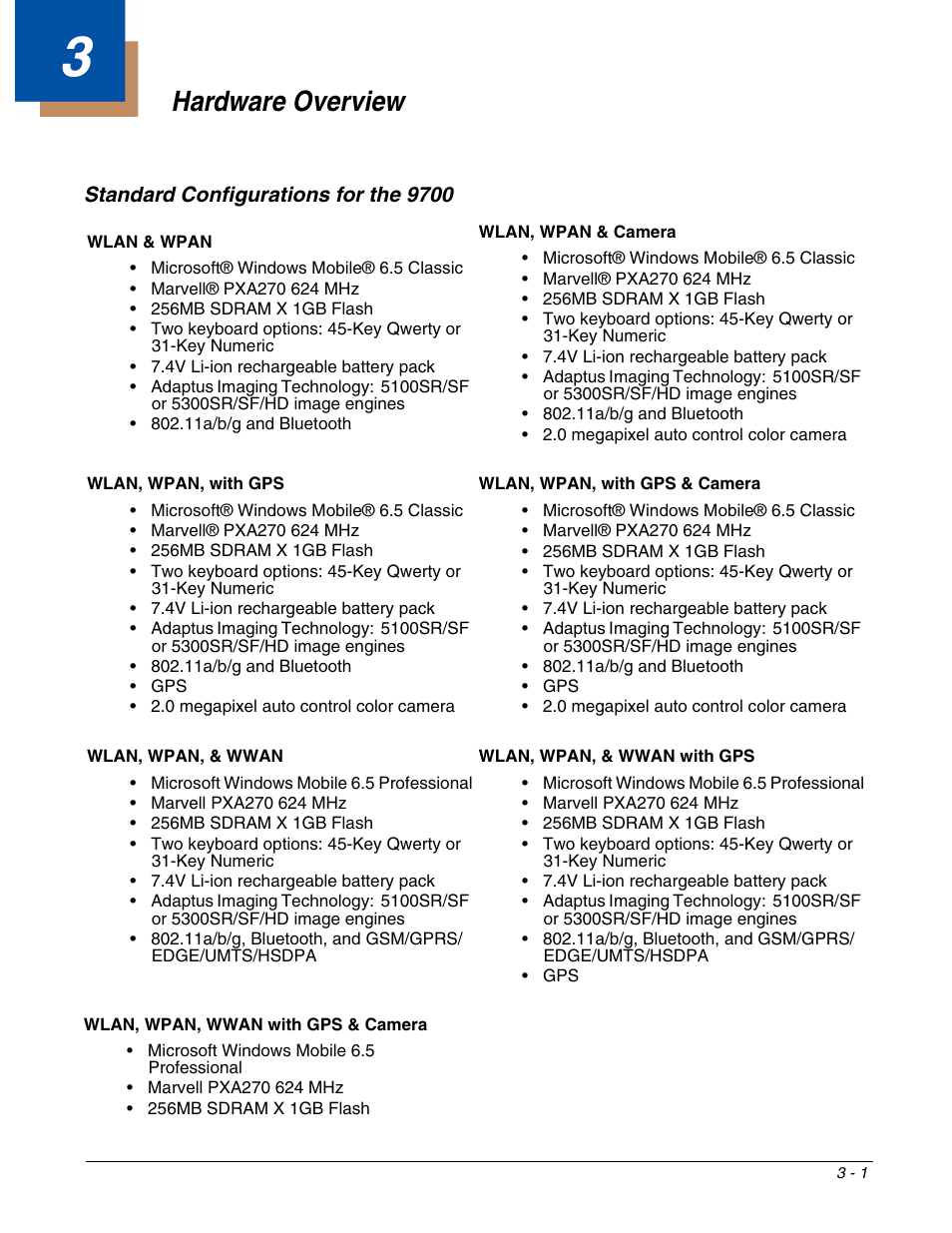 Hardware overview, Standard configurations for the 9700, Chapter 3 - hardware overview | Standard configurations for the 9700 -1, Als to charge; see, Wlan, wpan, wwan with gps & camera | Honeywell DOLPHIN 9700 User Manual | Page 21 / 142