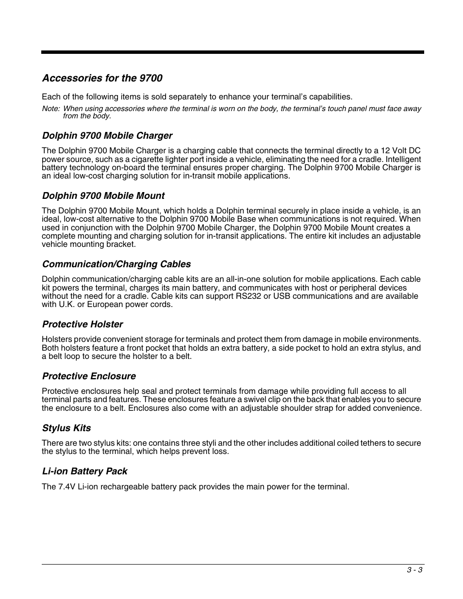 Accessories for the 9700, Dolphin 9700 mobile charger, Dolphin 9700 mobile mount | Communication/charging cables, Protective holster, Protective enclosure, Stylus kits, Li-ion battery pack, Accessories for the 9700 -3 | Honeywell DOLPHIN 9700 User Manual | Page 23 / 142
