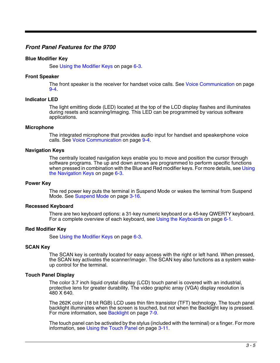 Front panel features for the 9700, Front panel features for the 9700 -5, For a description of each callout, see | Power key, Touch panel display, Navigation keys, Scan key, Recessed keyboard, Front speaker, Indicator led | Honeywell DOLPHIN 9700 User Manual | Page 25 / 142