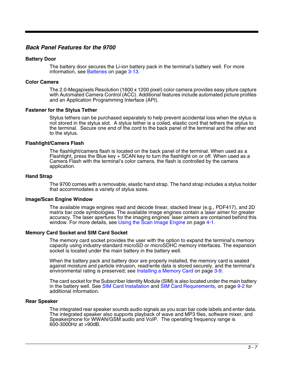 Back panel features for the 9700, Back panel features for the 9700 -7, For a description of each callout, see | Image/scan engine window, Rear speaker, Battery door, Fastener for the stylus, Flashlight/camera flash, Color camera, Hand strap | Honeywell DOLPHIN 9700 User Manual | Page 27 / 142