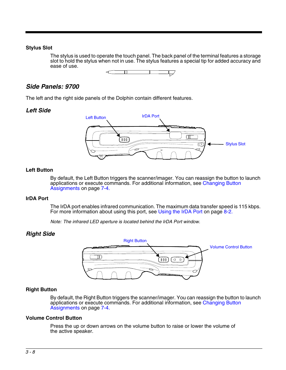 Side panels: 9700, Left side, Right side | Side panels: 9700 -8, Left side -8 right side -8, Irda port, Stylus slot | Honeywell DOLPHIN 9700 User Manual | Page 28 / 142