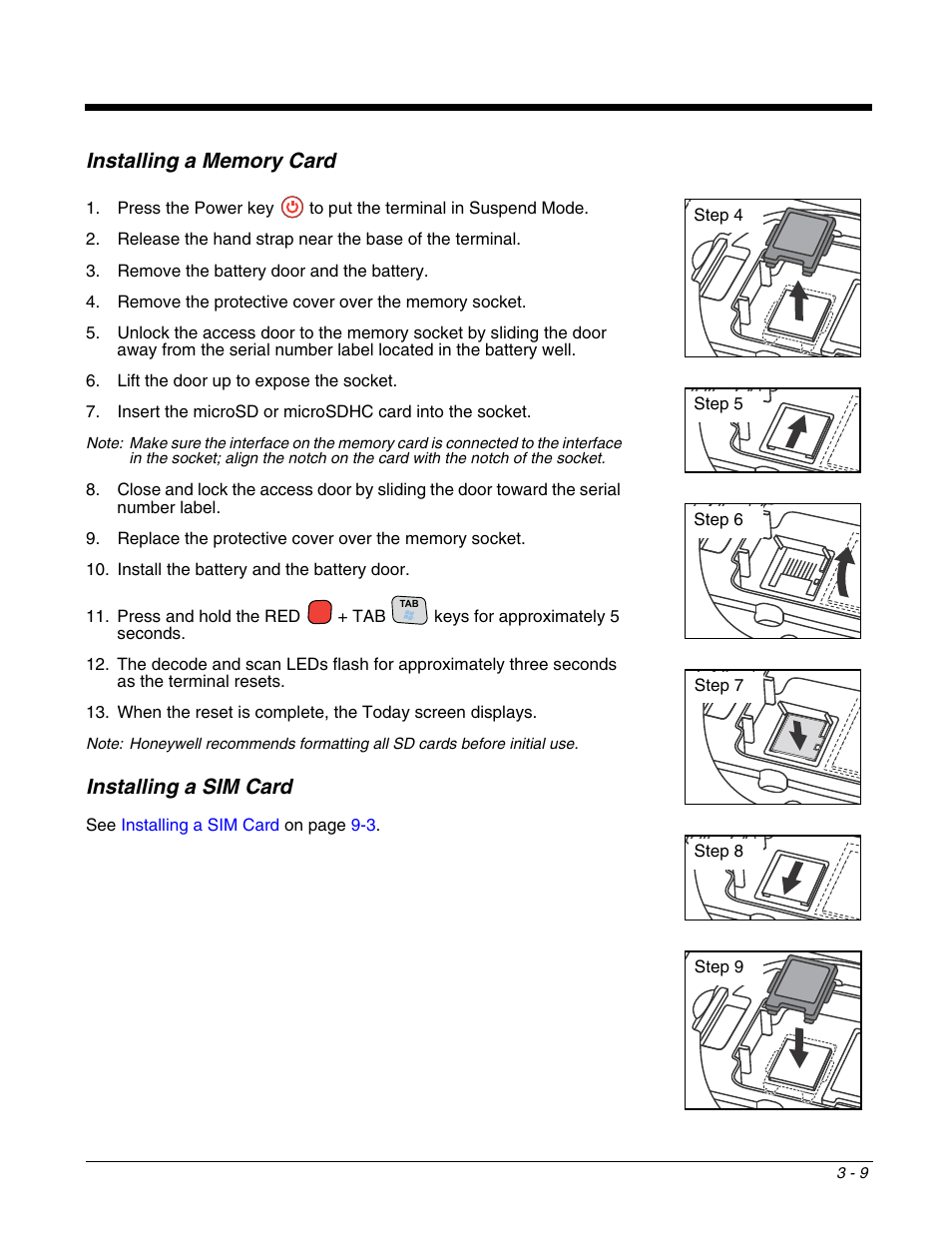 Installing a memory card, Installing a sim card | Honeywell DOLPHIN 9700 User Manual | Page 29 / 142
