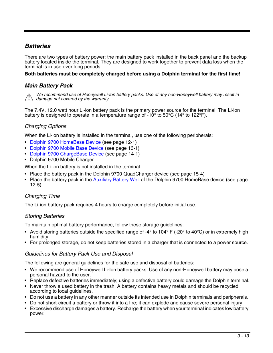 Batteries, Main battery pack, Batteries -13 | Main battery pack -13 | Honeywell DOLPHIN 9700 User Manual | Page 33 / 142