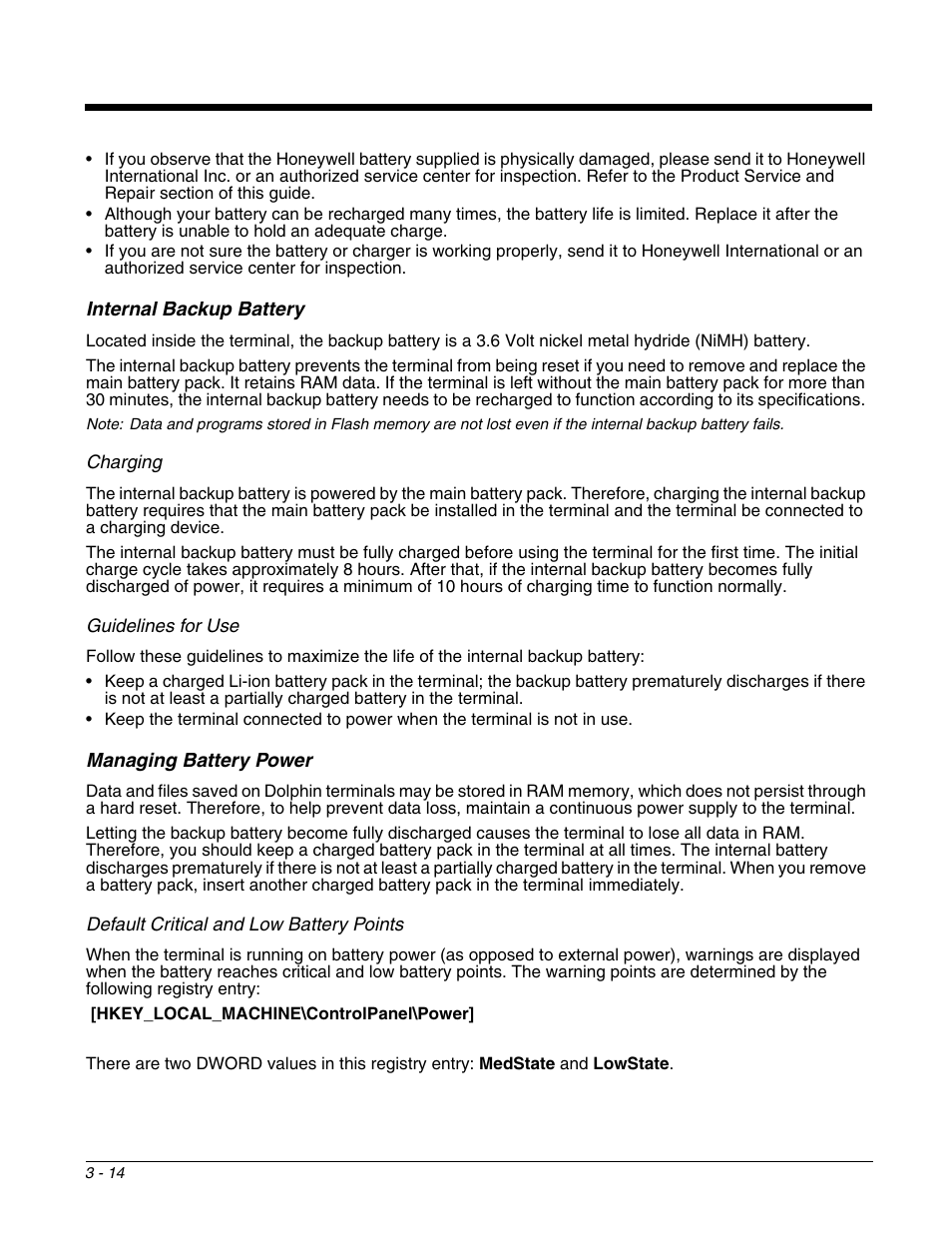 Internal backup battery, Managing battery power | Honeywell DOLPHIN 9700 User Manual | Page 34 / 142