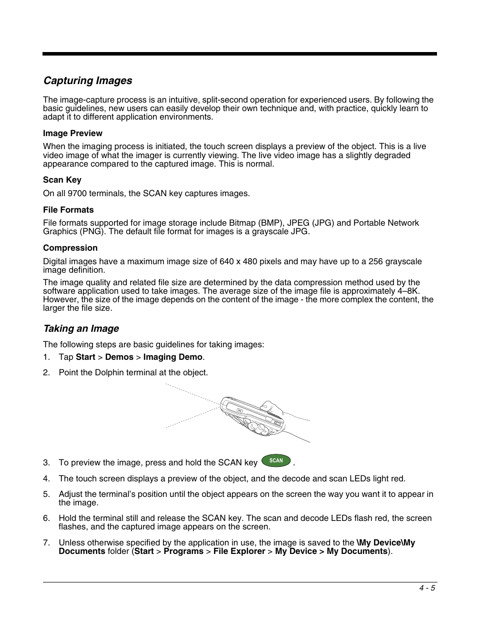 Capturing images, Taking an image, Capturing images -5 | Taking an image -5 | Honeywell DOLPHIN 9700 User Manual | Page 41 / 142