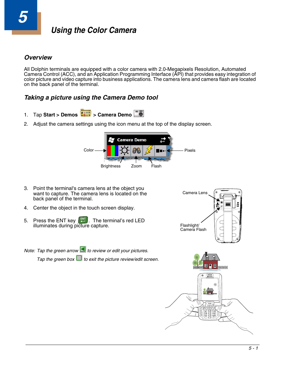 Using the color camera, Overview, Taking a picture using the camera demo tool | Chapter 5 - using the color camera | Honeywell DOLPHIN 9700 User Manual | Page 43 / 142