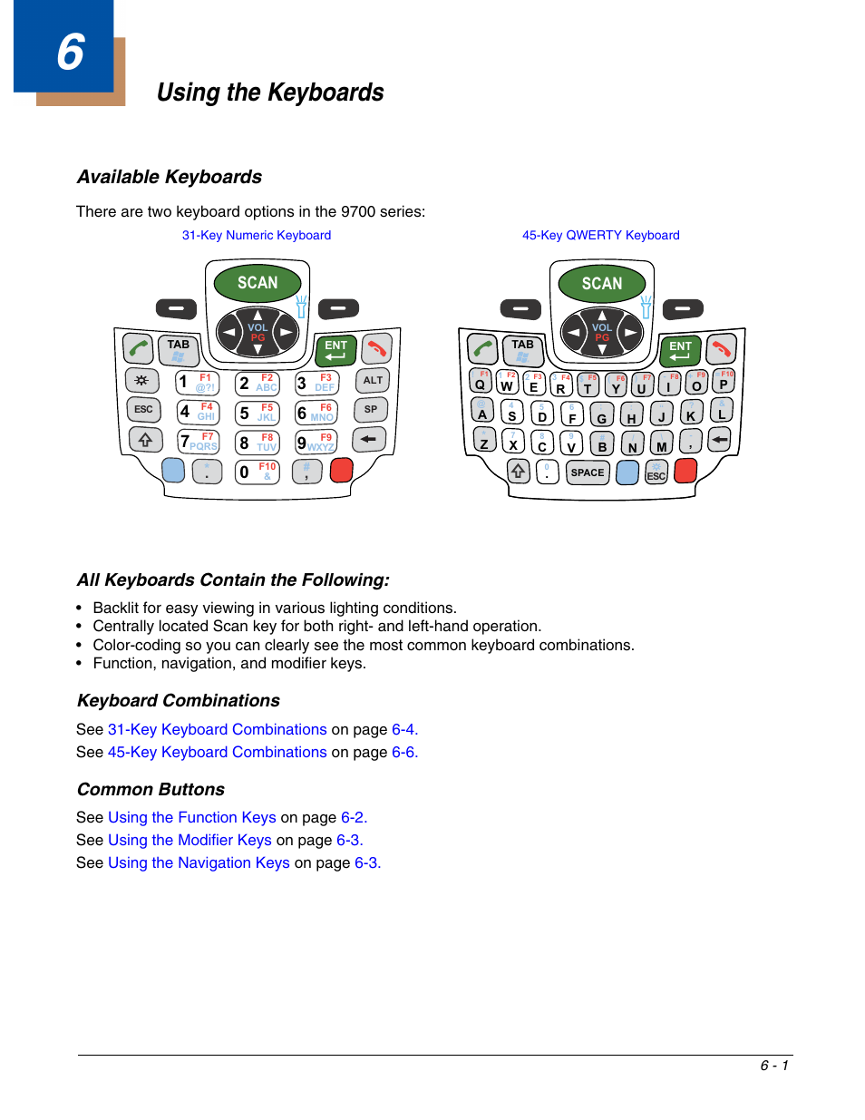 Using the keyboards, Available keyboards, All keyboards contain the following | Keyboard combinations, Common buttons, Chapter 6 - using the keyboards, Available keyboards -1, Keyboard combinations -1 common buttons -1, Scan, There are two keyboard options in the 9700 series | Honeywell DOLPHIN 9700 User Manual | Page 47 / 142