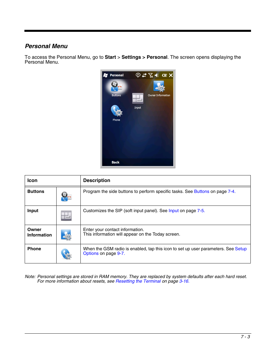 Personal menu, Personal menu -3 | Honeywell DOLPHIN 9700 User Manual | Page 57 / 142