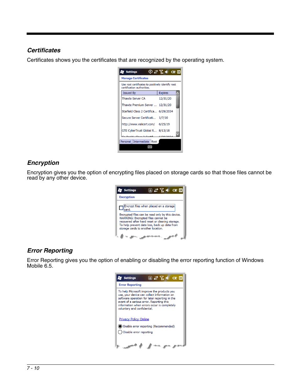 Certificates, Encryption, Error reporting | Honeywell DOLPHIN 9700 User Manual | Page 64 / 142