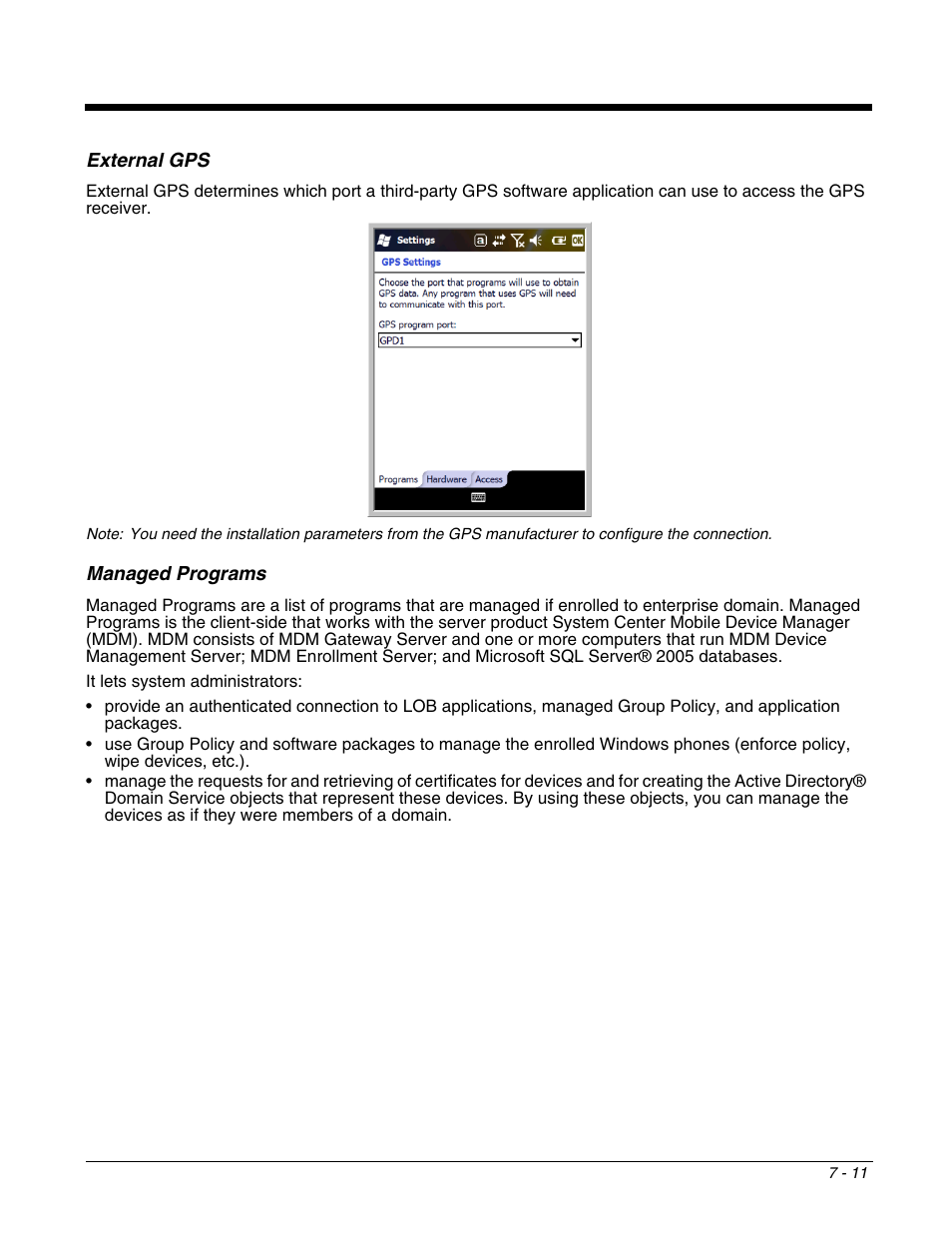 External gps, Managed programs, External gps -11 managed programs -11 | Honeywell DOLPHIN 9700 User Manual | Page 65 / 142