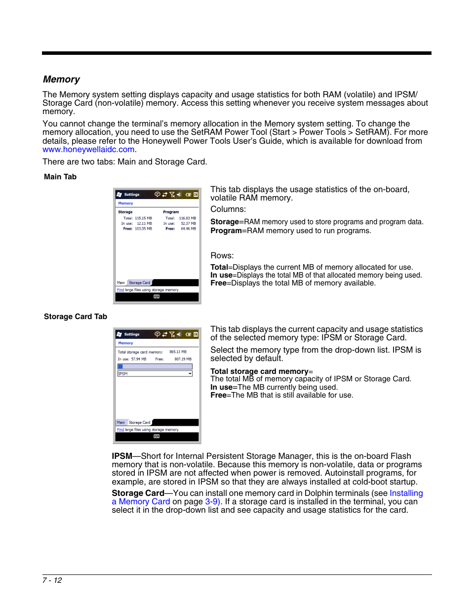 Memory, Memory -12 | Honeywell DOLPHIN 9700 User Manual | Page 66 / 142