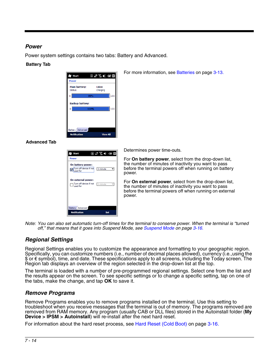 Power, Regional settings, Remove programs | For more information, see, E advance tab of the power system setting; see | Honeywell DOLPHIN 9700 User Manual | Page 68 / 142