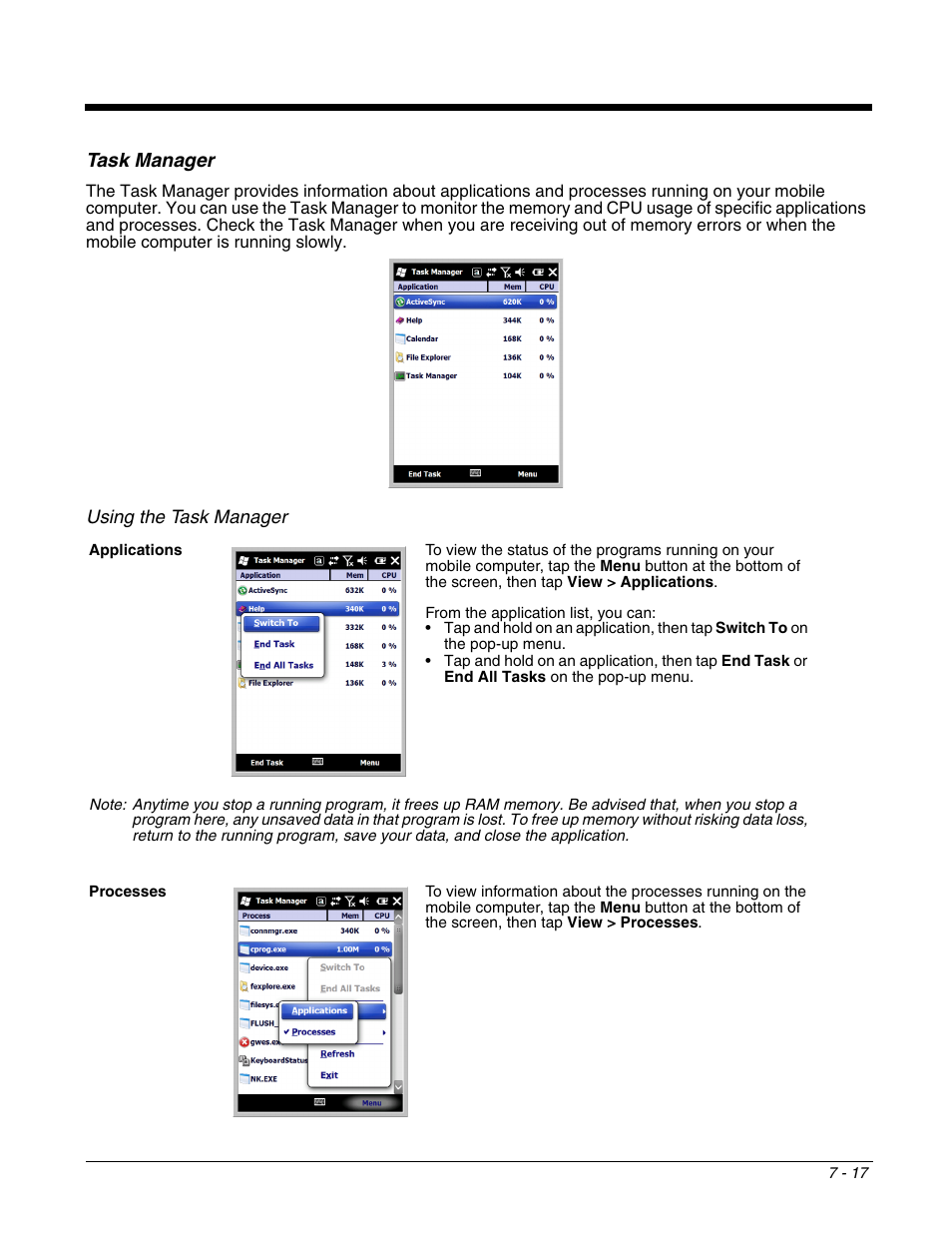Task manager, Task manager -17 | Honeywell DOLPHIN 9700 User Manual | Page 71 / 142