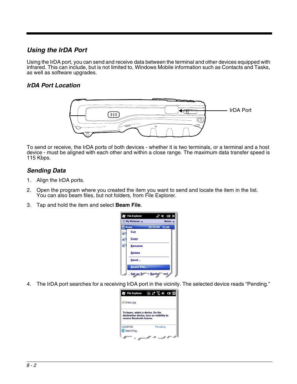 Using the irda port, Irda port location, Sending data | Using the irda port -2, Irda port location -2 sending data -2, For more information about using this port, see | Honeywell DOLPHIN 9700 User Manual | Page 74 / 142
