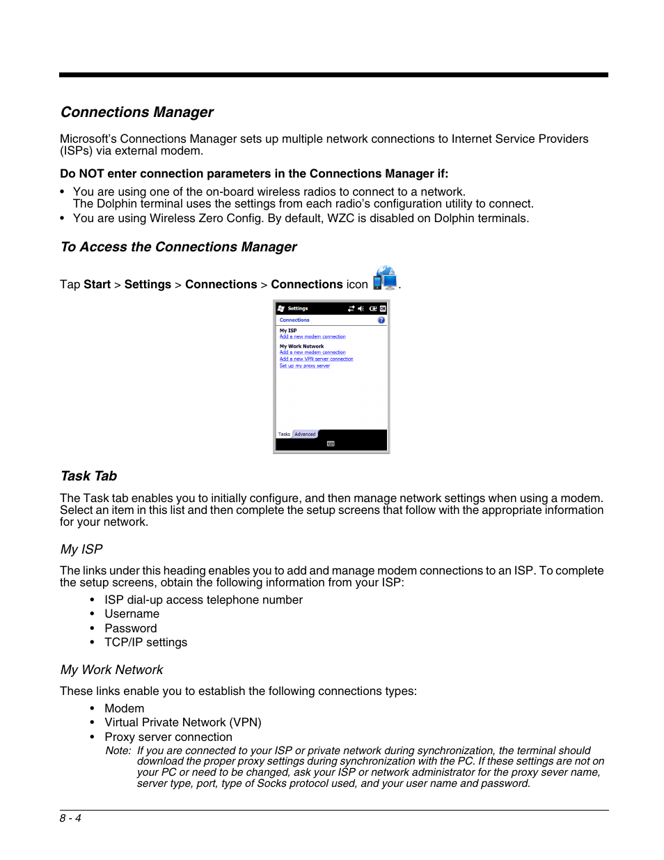 Connections manager, To access the connections manager, Task tab | Connections manager -4, To access the connections manager -4 task tab -4 | Honeywell DOLPHIN 9700 User Manual | Page 76 / 142