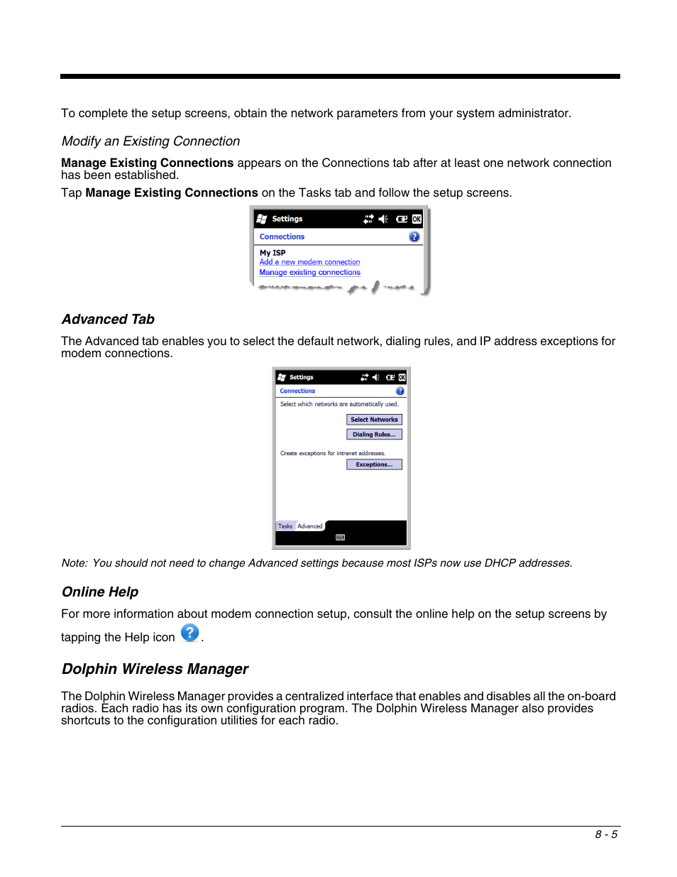 Advanced tab, Online help, Dolphin wireless manager | Advanced tab -5, Dolphin wireless manager -5, Inal | Honeywell DOLPHIN 9700 User Manual | Page 77 / 142