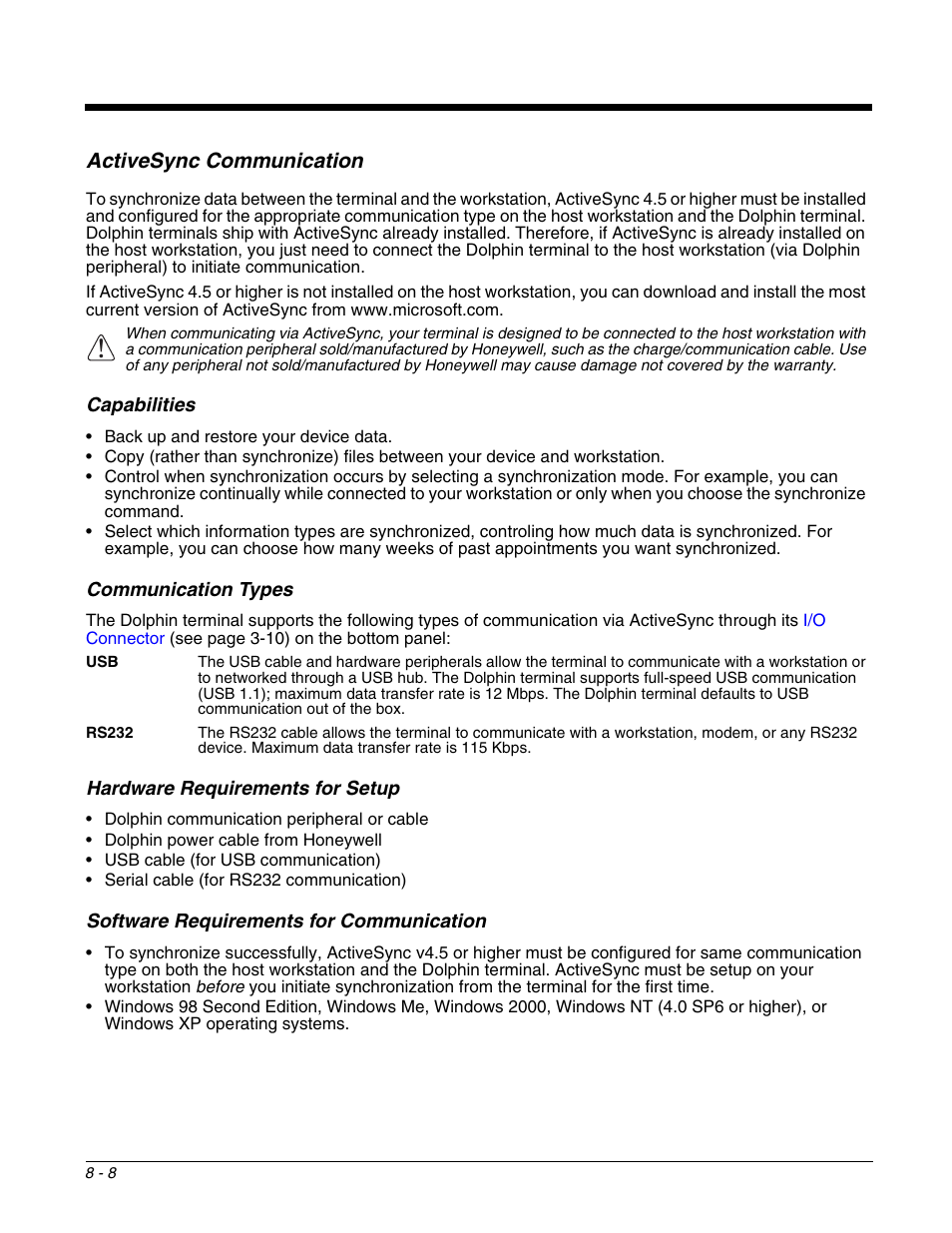 Activesync communication, Capabilities, Communication types | Hardware requirements for setup, Software requirements for communication, Activesync communication -8, Sync. see | Honeywell DOLPHIN 9700 User Manual | Page 80 / 142