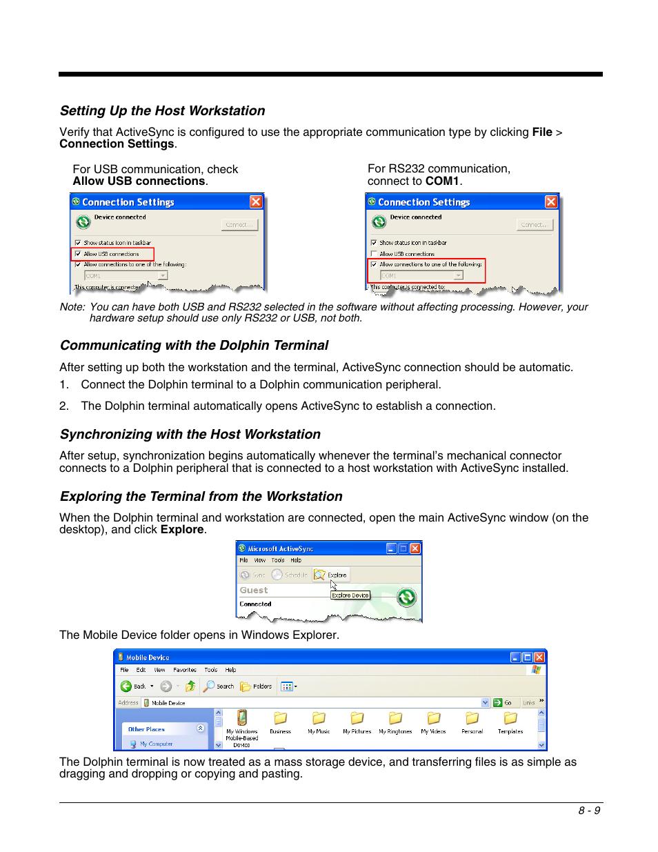 Setting up the host workstation, Communicating with the dolphin terminal, Synchronizing with the host workstation | Exploring the terminal from the workstation | Honeywell DOLPHIN 9700 User Manual | Page 81 / 142
