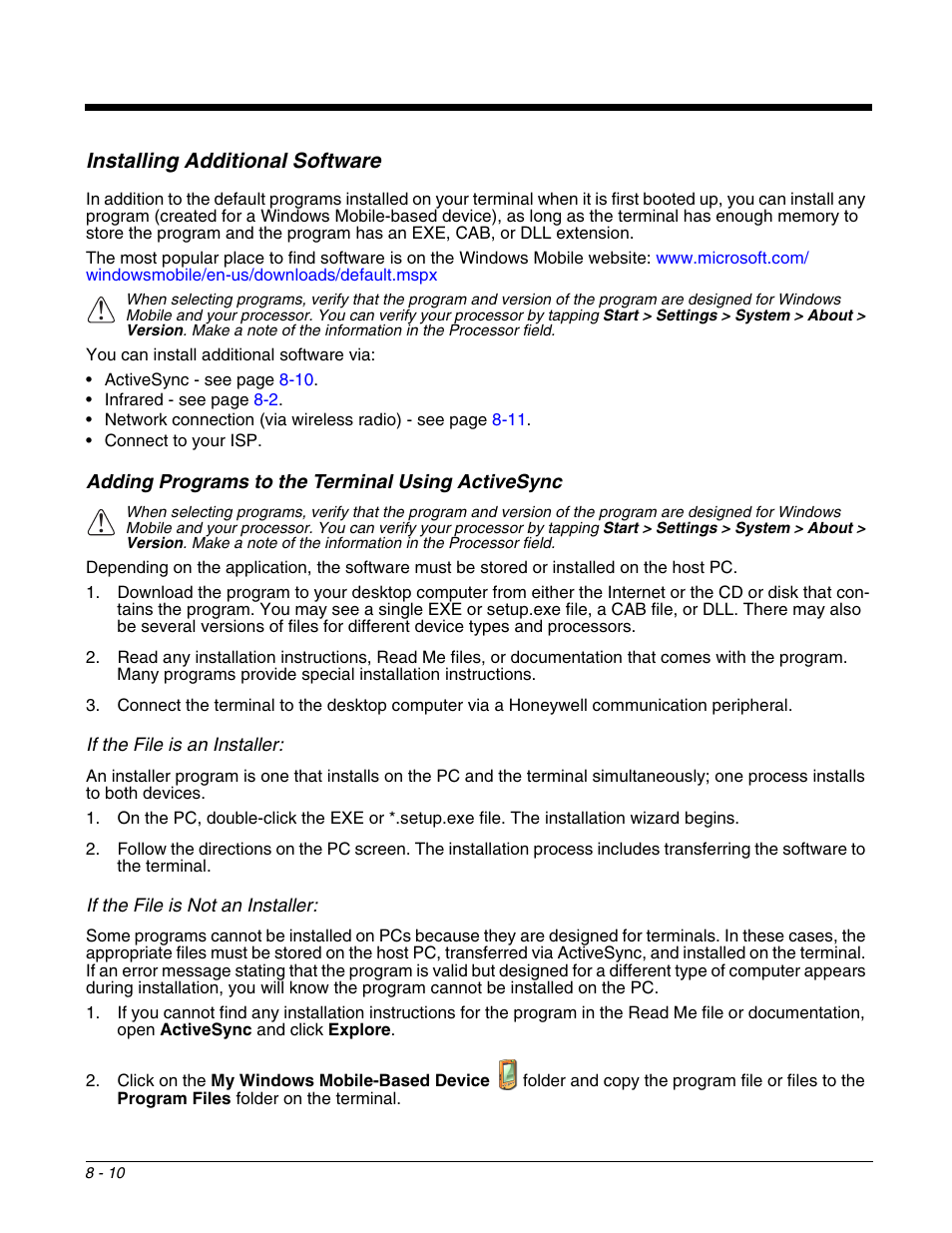 Installing additional software, Adding programs to the terminal using activesync, Installing additional software -10 | Honeywell DOLPHIN 9700 User Manual | Page 82 / 142