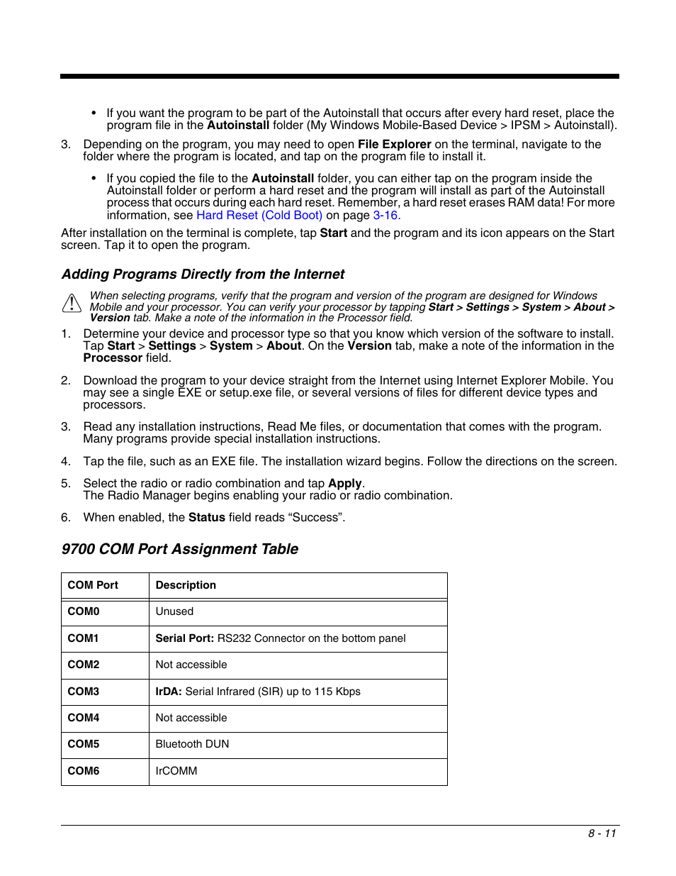 Adding programs directly from the internet, 9700 com port assignment table, Adding programs directly from the internet -11 | 9700 com port assignment table -11 | Honeywell DOLPHIN 9700 User Manual | Page 83 / 142