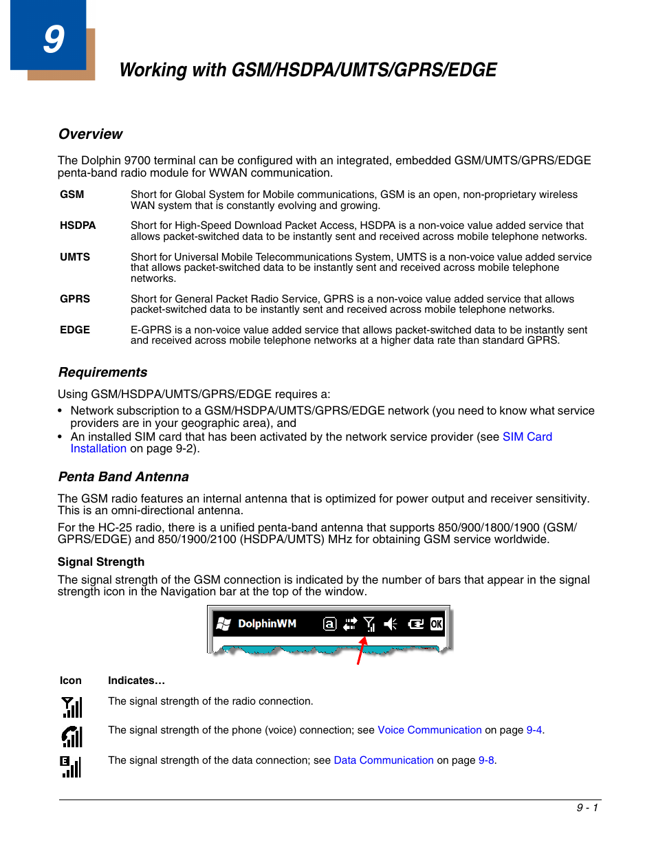 Working with gsm/hsdpa/umts/gprs/edge, Overview, Requirements | Penta band antenna, Chapter 9 - working with gsm/hsdpa/umts/gprs/edge, Overview -1, Penta band antenna -1, For details, see | Honeywell DOLPHIN 9700 User Manual | Page 85 / 142
