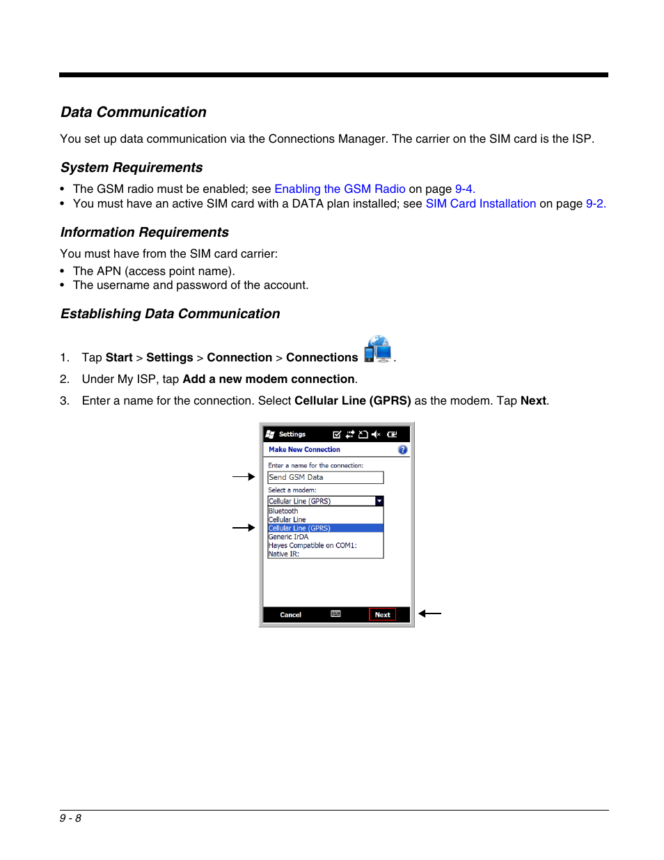 Data communication, System requirements, Information requirements | Establishing data communication, Data communication -8, Establishing data communication -8, The signal strength of the data connection; see | Honeywell DOLPHIN 9700 User Manual | Page 92 / 142