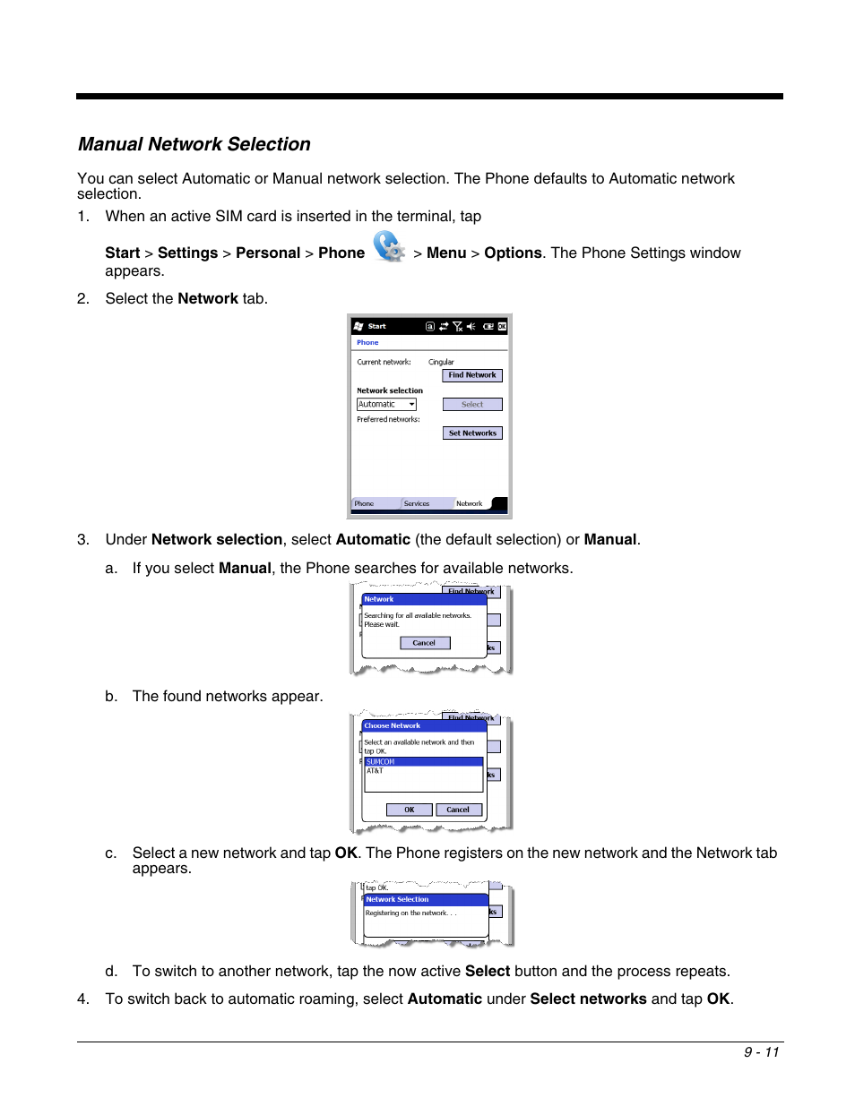 Manual network selection, Manual network selection -11 | Honeywell DOLPHIN 9700 User Manual | Page 95 / 142