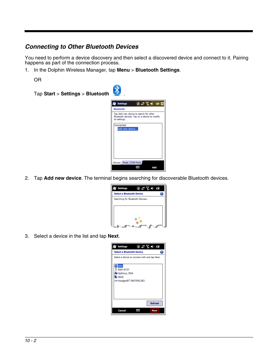 Connecting to other bluetooth devices, Connecting to other bluetooth devices -2, Connecting to other bluetooth | Devices | Honeywell DOLPHIN 9700 User Manual | Page 98 / 142