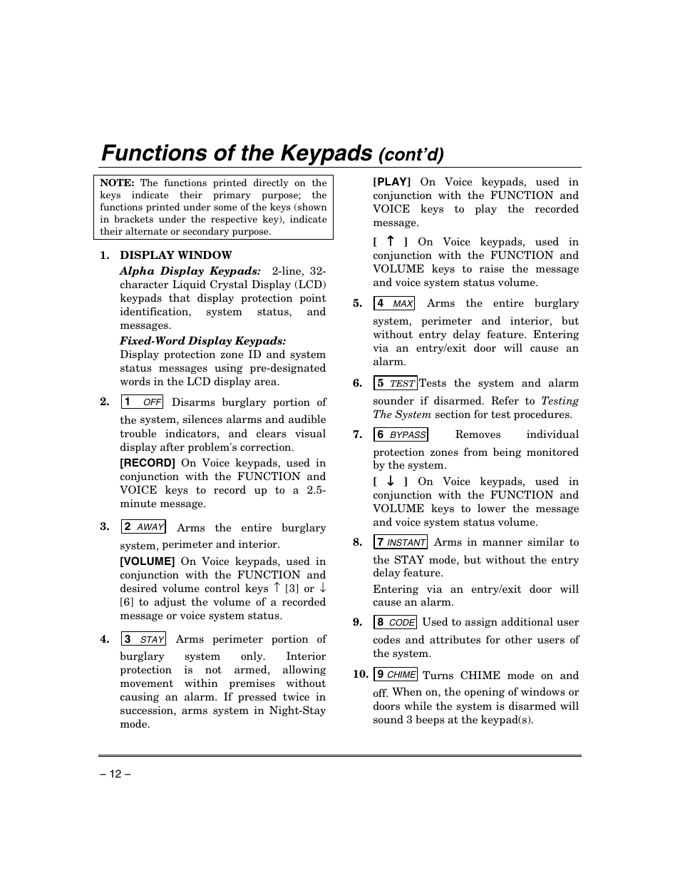 Functions of the keypads, Cont’d) | Honeywell ADEMCO VISTA VISTA-20PSIA User Manual | Page 12 / 64