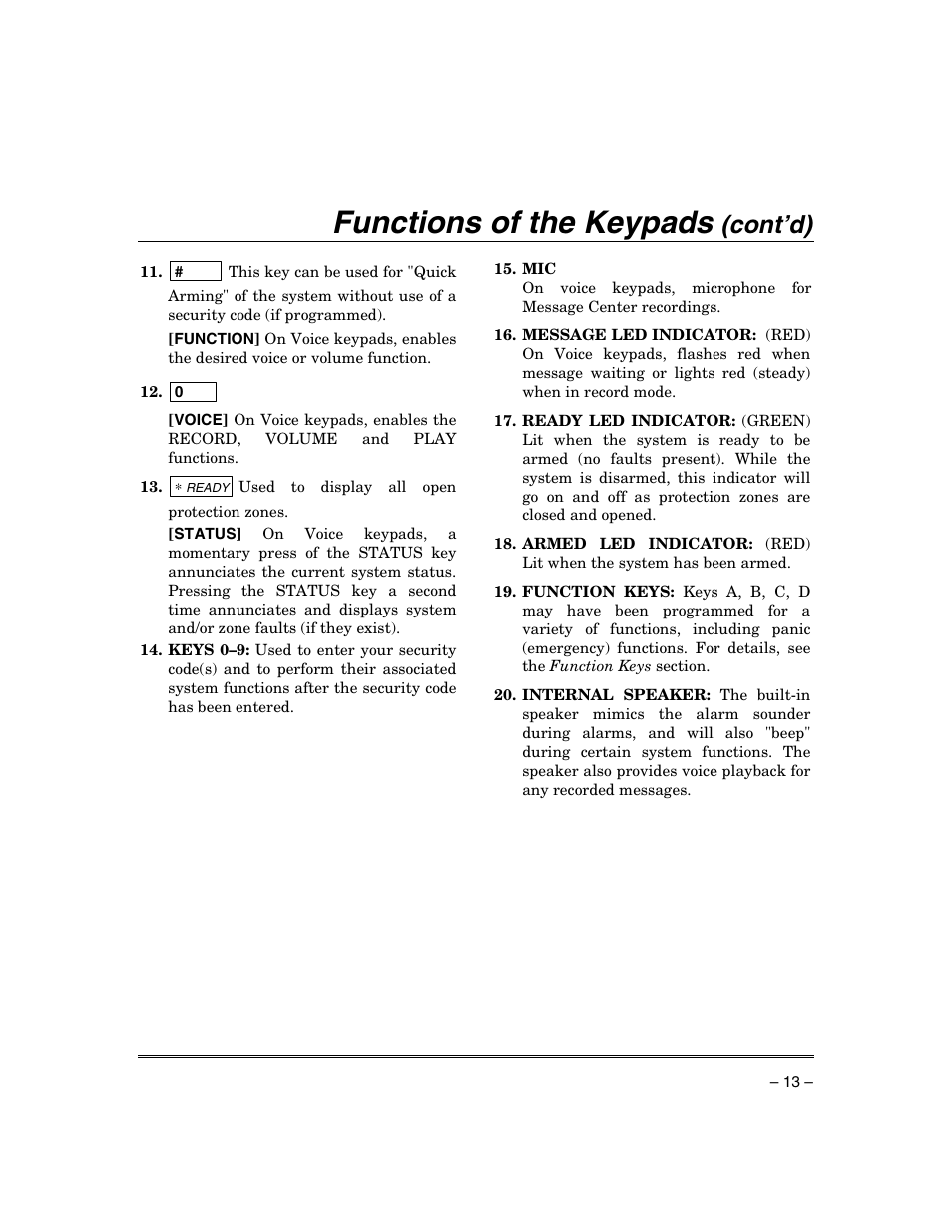 Functions of the keypads, Cont’d) | Honeywell ADEMCO VISTA VISTA-20PSIA User Manual | Page 13 / 64