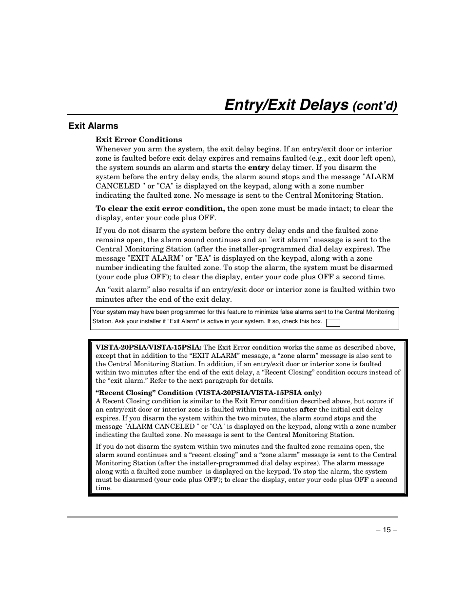 Entry/exit delays, Cont’d), Exit alarms | Honeywell ADEMCO VISTA VISTA-20PSIA User Manual | Page 15 / 64