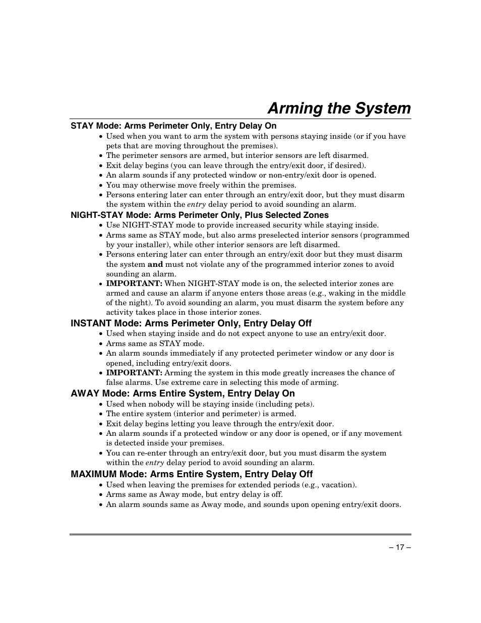 Arming the system | Honeywell ADEMCO VISTA VISTA-20PSIA User Manual | Page 17 / 64