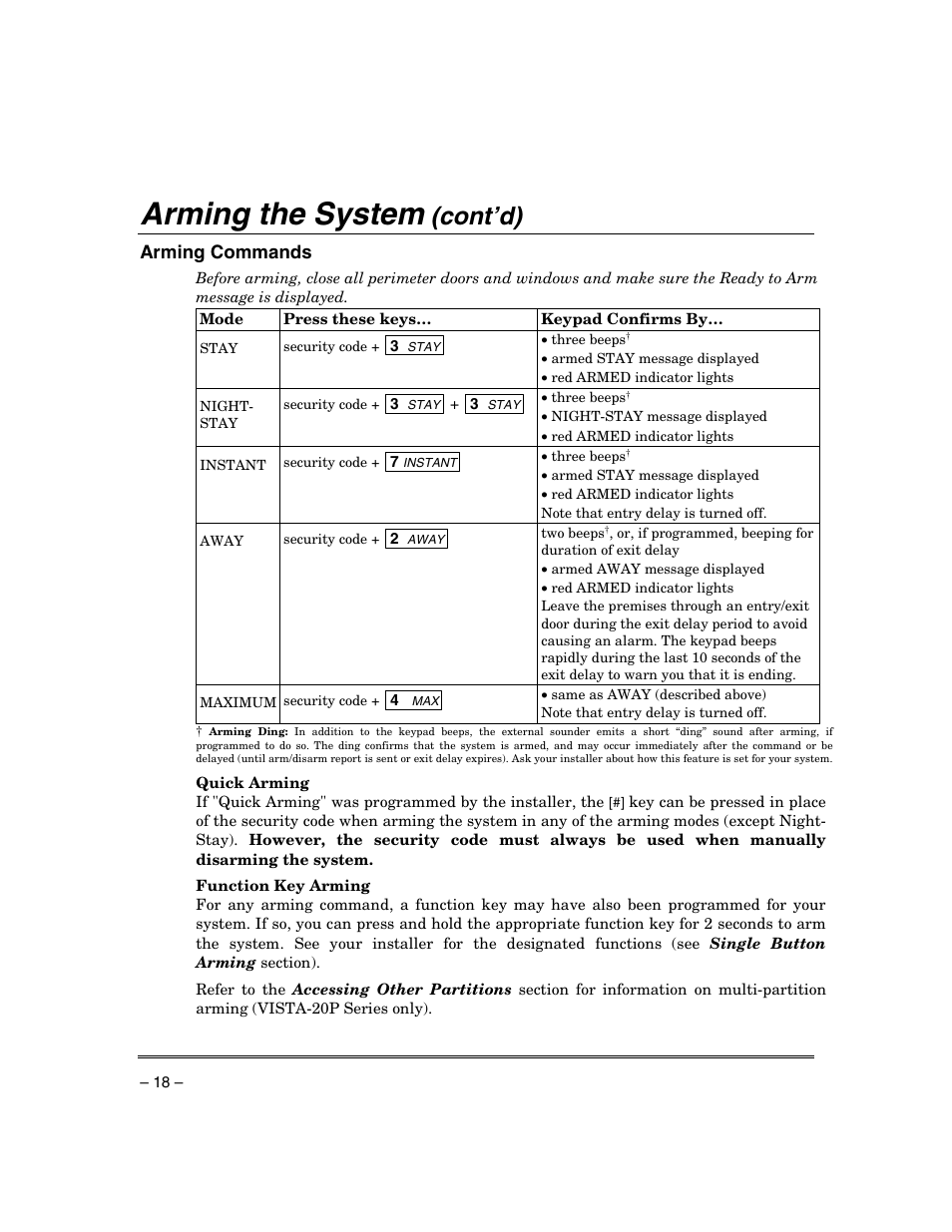Arming the system, Cont’d), Arming commands | Honeywell ADEMCO VISTA VISTA-20PSIA User Manual | Page 18 / 64