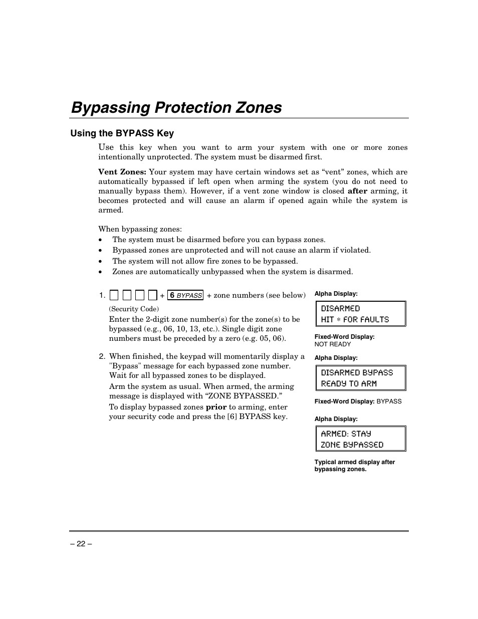 Bypassing protection zones, Using the bypass key | Honeywell ADEMCO VISTA VISTA-20PSIA User Manual | Page 22 / 64