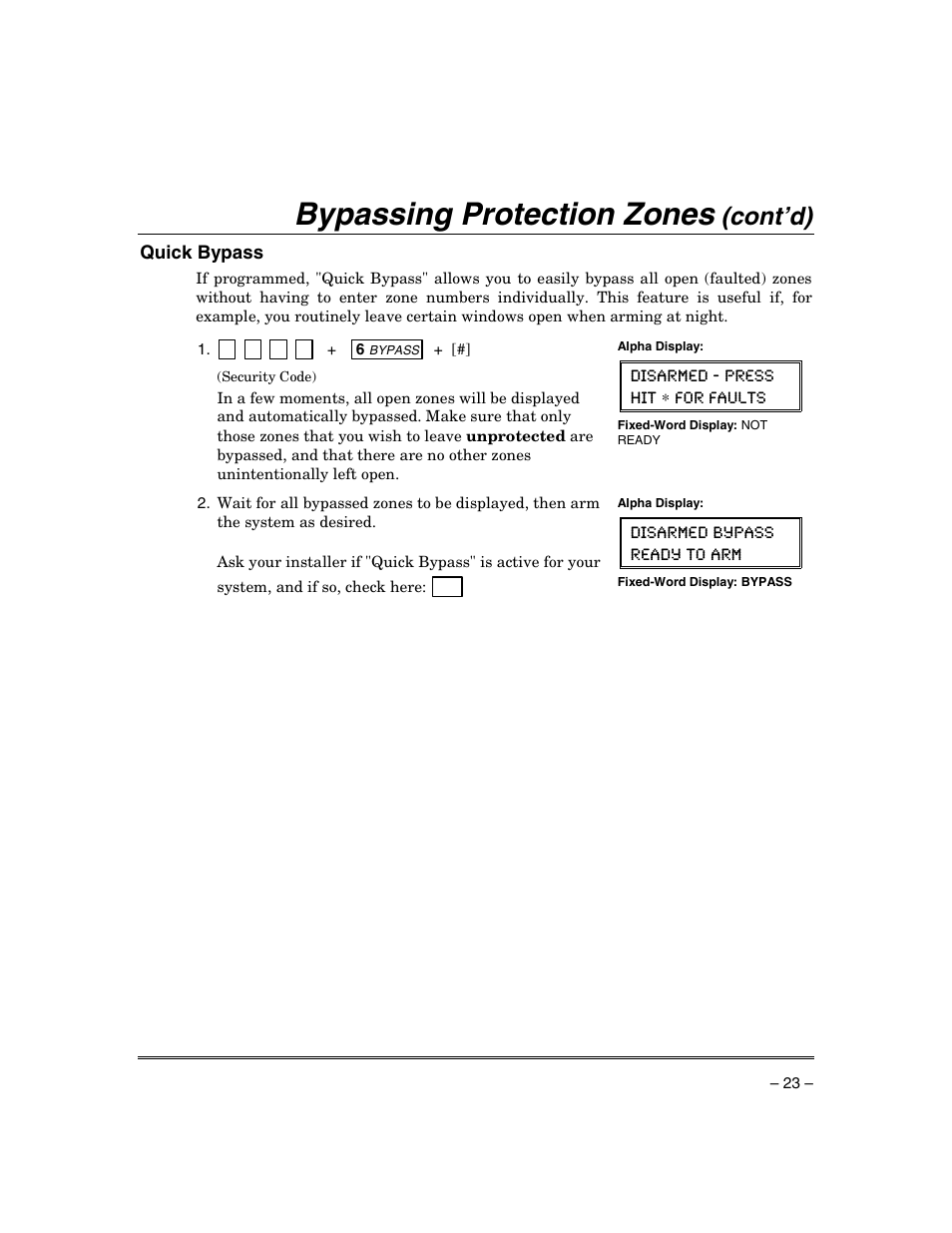 Bypassing protection zones, Cont’d), Quick bypass | Honeywell ADEMCO VISTA VISTA-20PSIA User Manual | Page 23 / 64