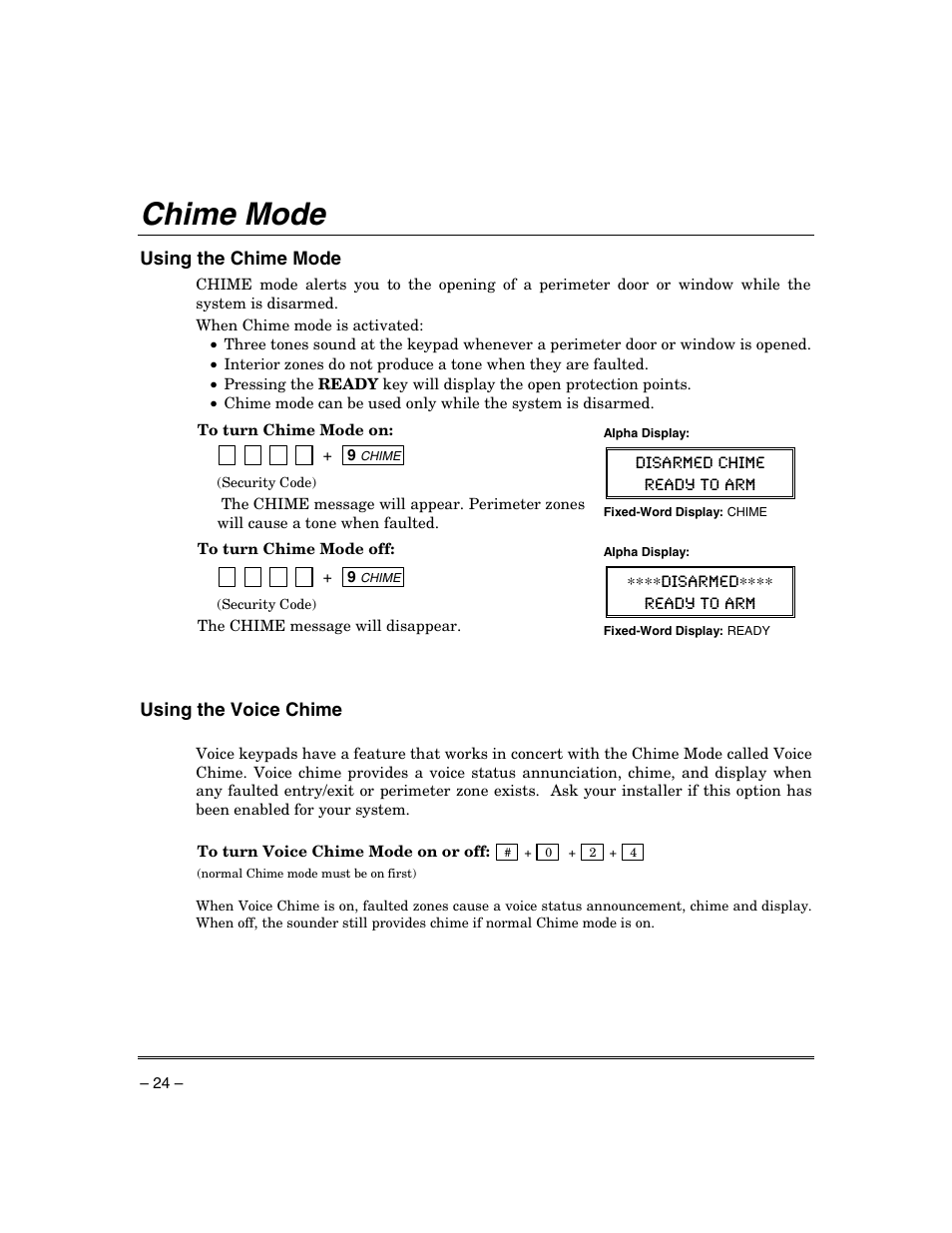 Chime mode, Using the chime mode, Using the voice chime | Honeywell ADEMCO VISTA VISTA-20PSIA User Manual | Page 24 / 64