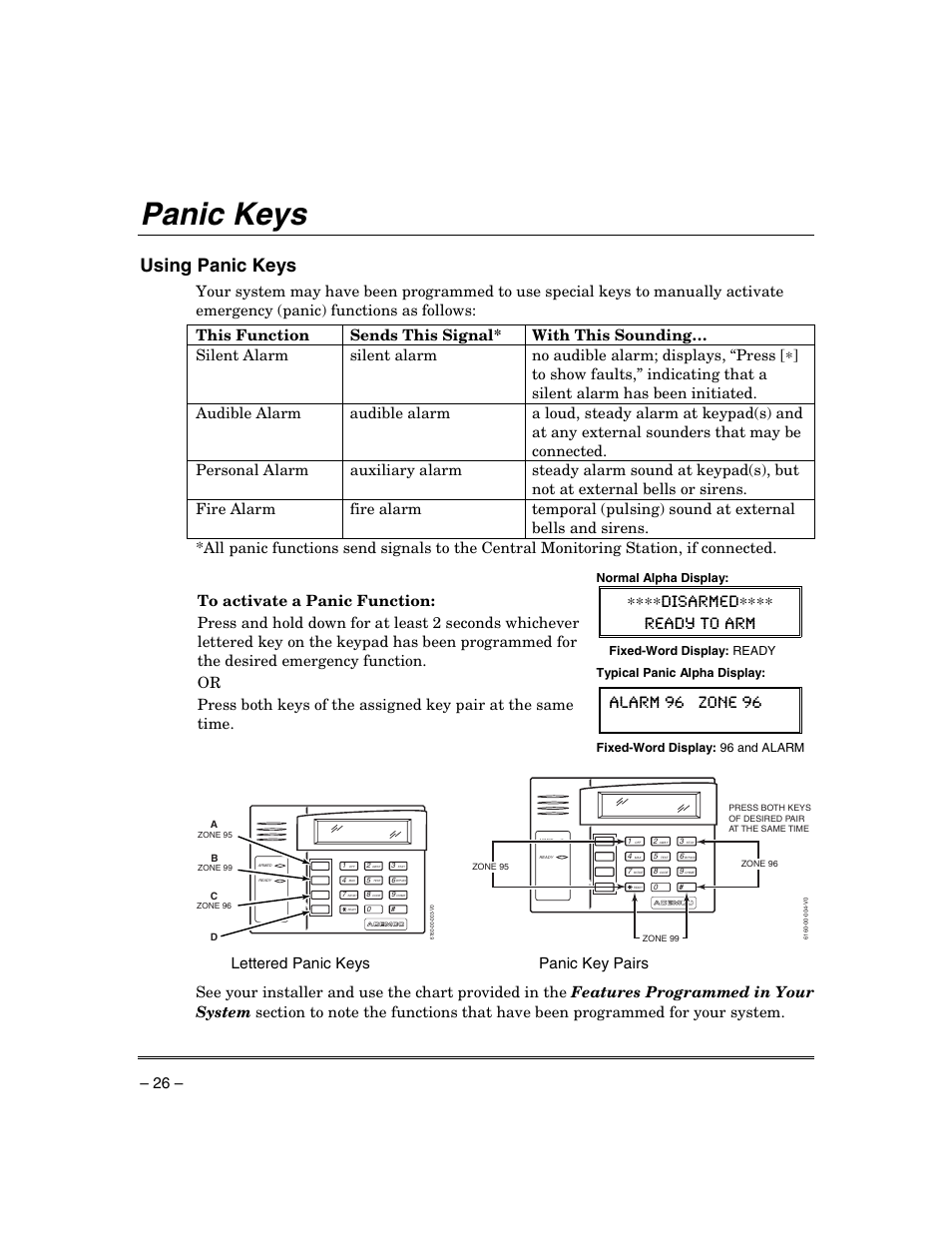 Panic keys, Using panic keys, Disarmed | Ready to arm, Alarm 96 zone 96, Lettered panic keys panic key pairs | Honeywell ADEMCO VISTA VISTA-20PSIA User Manual | Page 26 / 64