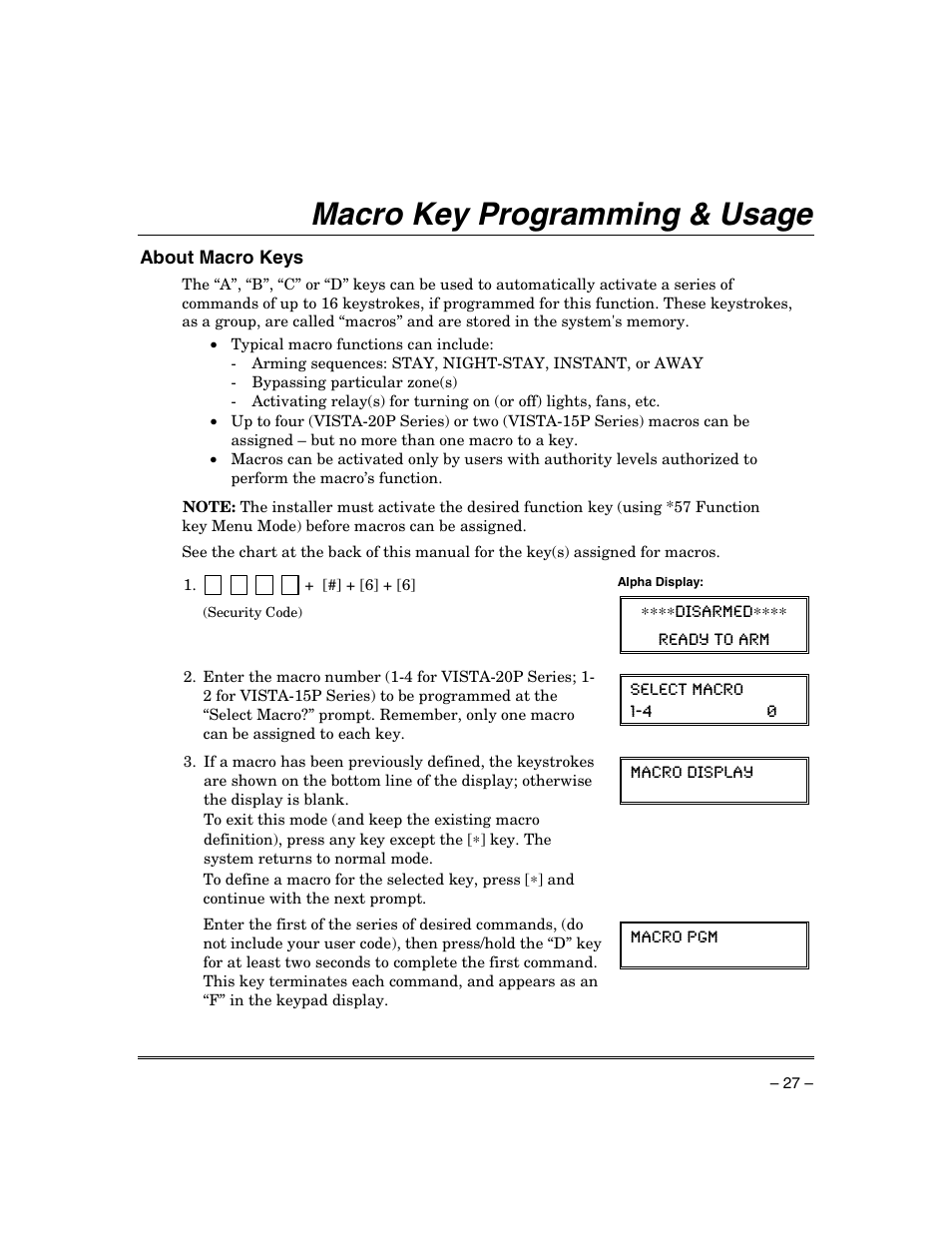 Macro key programming & usage, About macro keys | Honeywell ADEMCO VISTA VISTA-20PSIA User Manual | Page 27 / 64