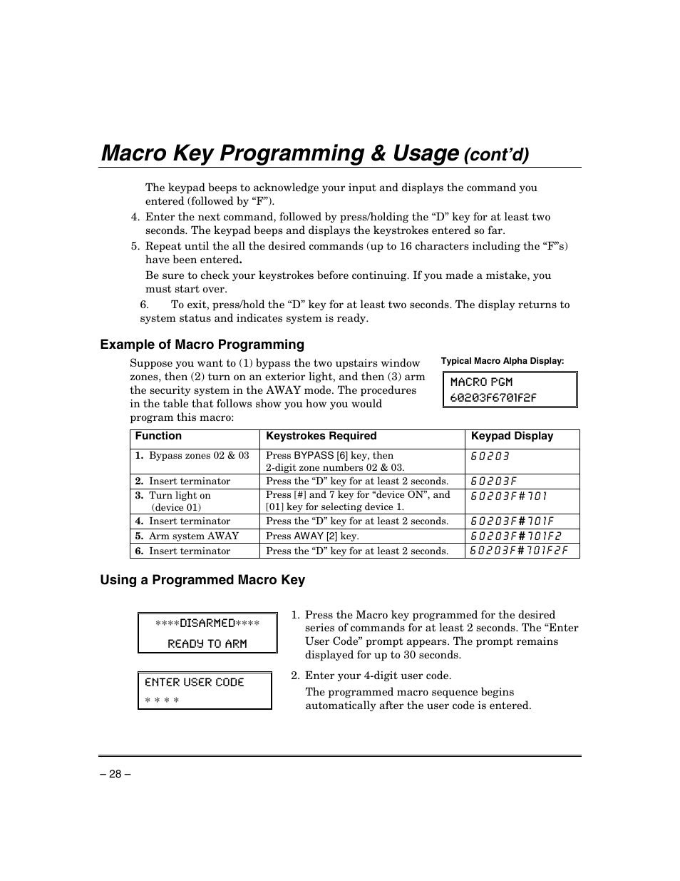 Macro key programming & usage, Cont’d) | Honeywell ADEMCO VISTA VISTA-20PSIA User Manual | Page 28 / 64