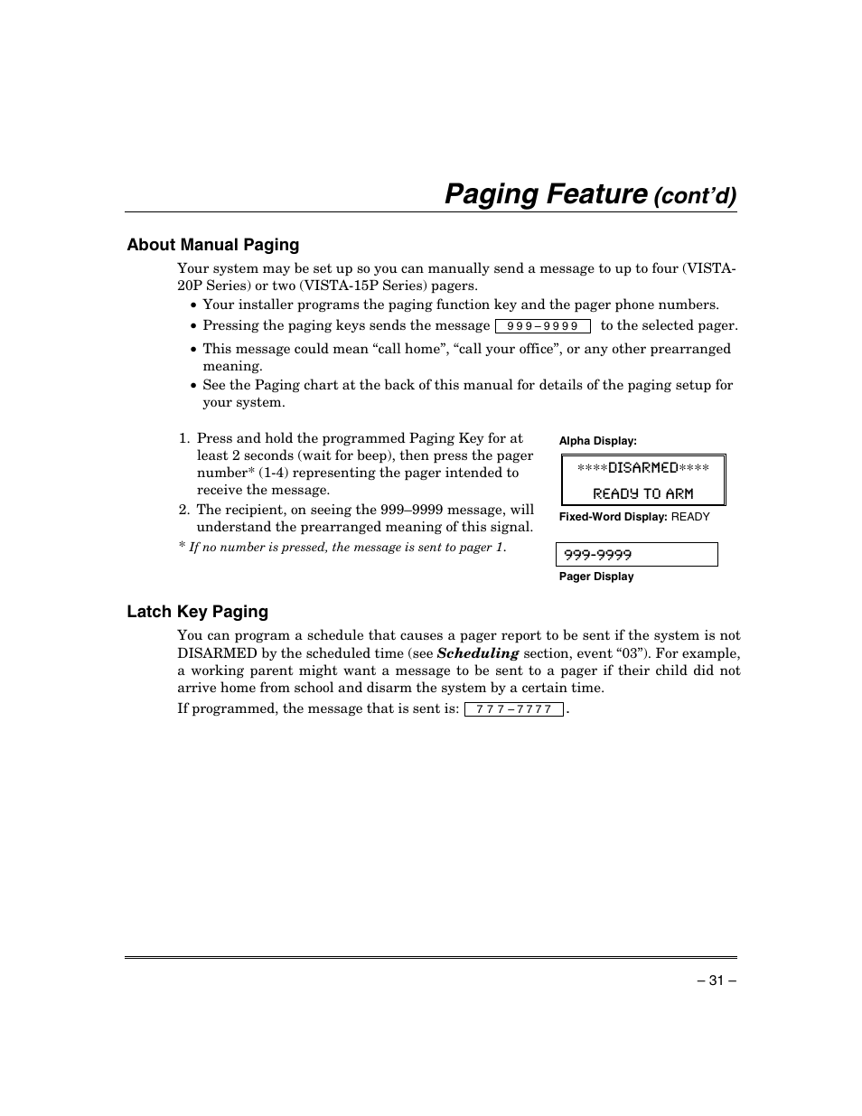 Paging feature, Cont’d) | Honeywell ADEMCO VISTA VISTA-20PSIA User Manual | Page 31 / 64