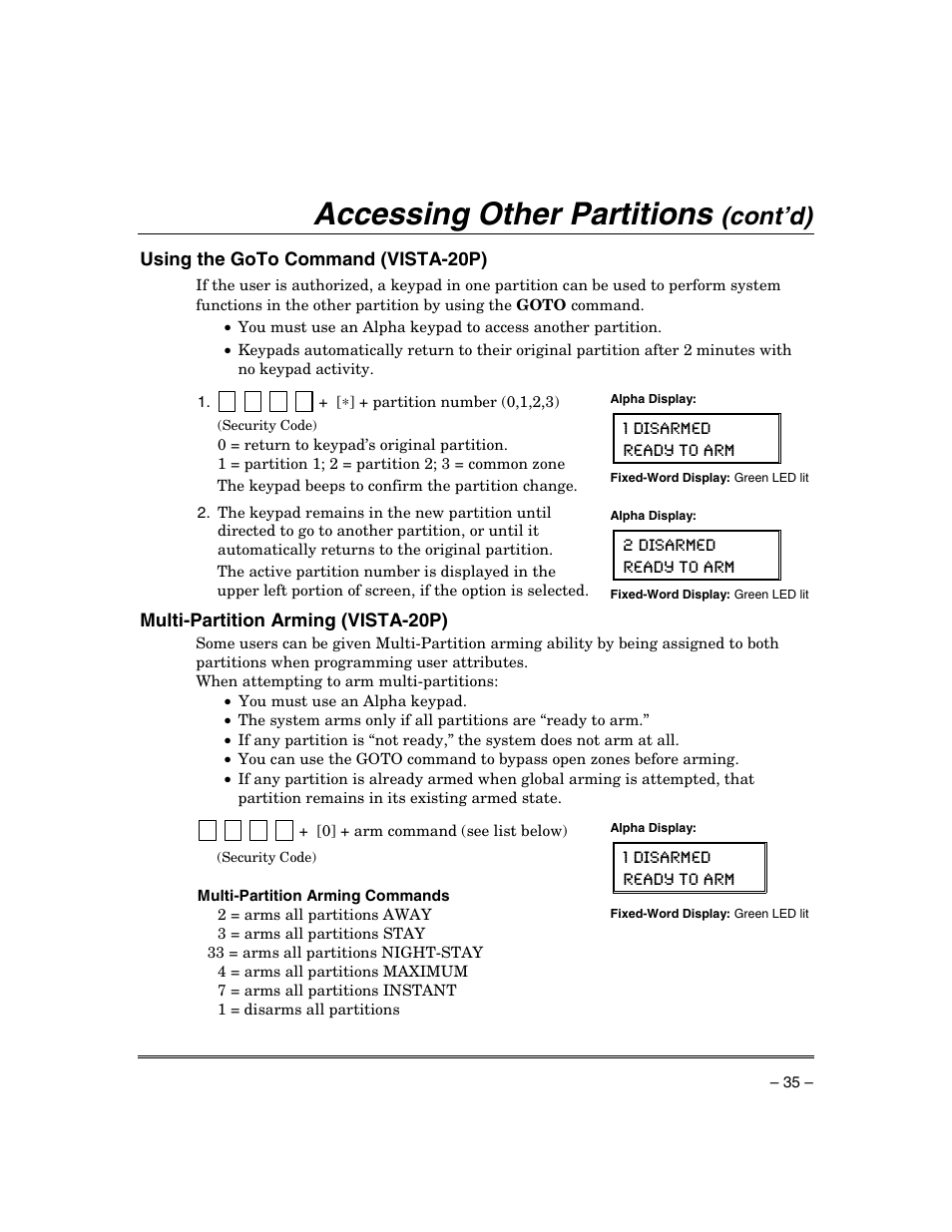 Accessing other partitions, Cont’d), Using the goto command (vista-20p) | Multi-partition arming (vista-20p) | Honeywell ADEMCO VISTA VISTA-20PSIA User Manual | Page 35 / 64