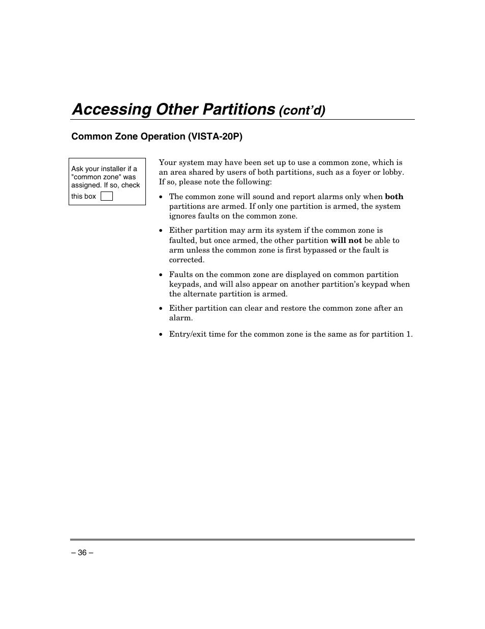 Accessing other partitions, Cont’d) | Honeywell ADEMCO VISTA VISTA-20PSIA User Manual | Page 36 / 64