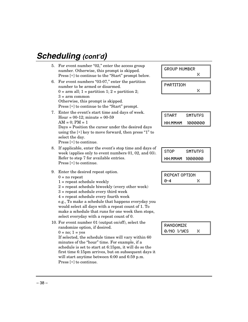 Scheduling, Cont’d | Honeywell ADEMCO VISTA VISTA-20PSIA User Manual | Page 38 / 64